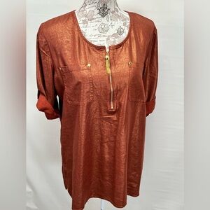 ELLEN TRACY Rust orange Linen shimmer scoop neck with zipper front top size L